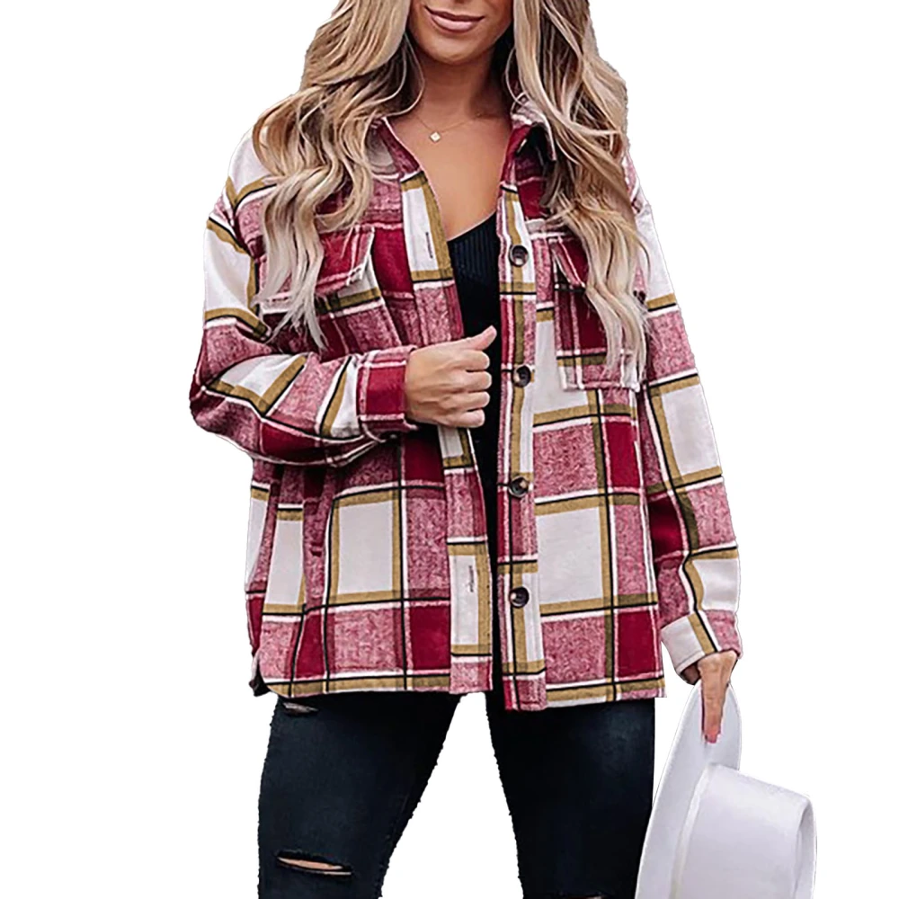 Women Plaid Shirt Button Down Turn Down Collar Long Sleeve Stylish Comfortable Women Shirts Outwear for Autumn Winter Red S