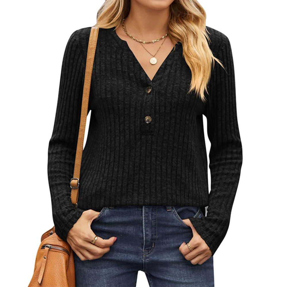 Long Sleeve V Neck Shirt Women Fashionable Elegant Plain Color Button Rib Knit Top Blouse for Dating Black XL