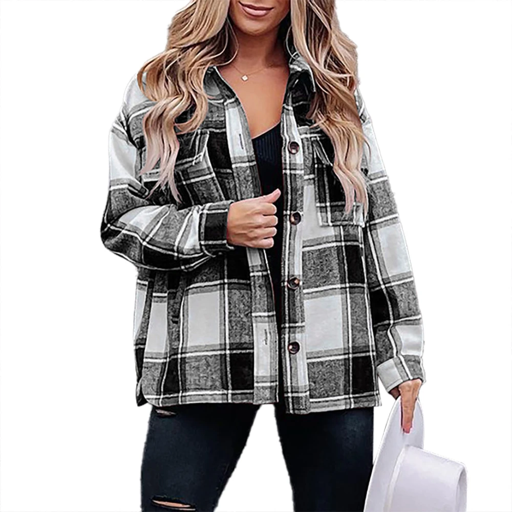 Women Plaid Shirt Button Down Turn Down Collar Long Sleeve Stylish Comfortable Women Shirts Outwear for Autumn Winter Black XXL