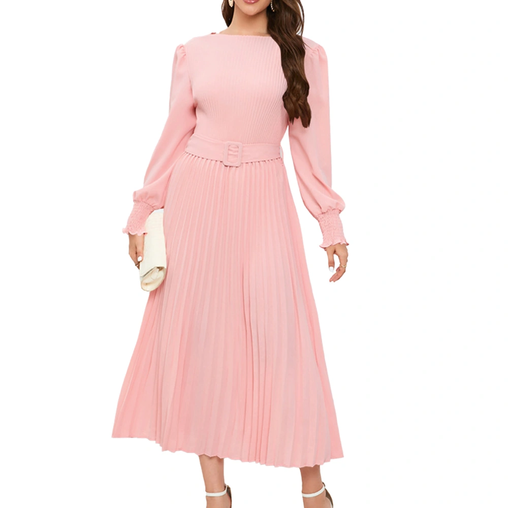 Women Long Sleeve Crewneck Midi Dress Fashionable Plain Color Shirred Cuff Elastic Waist Pleated Dress Pink M