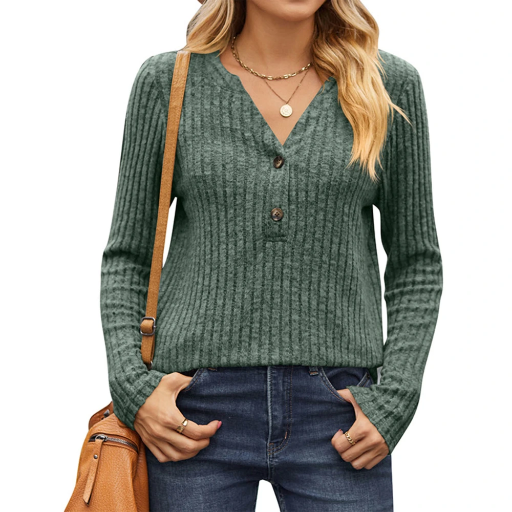 Long Sleeve V Neck Shirt Women Fashionable Elegant Plain Color Button Rib Knit Top Blouse for Dating OD Green XL