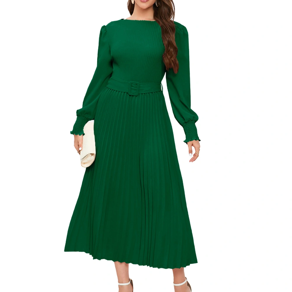 Women Long Sleeve Crewneck Midi Dress Fashionable Plain Color Shirred Cuff Elastic Waist Pleated Dress Green M