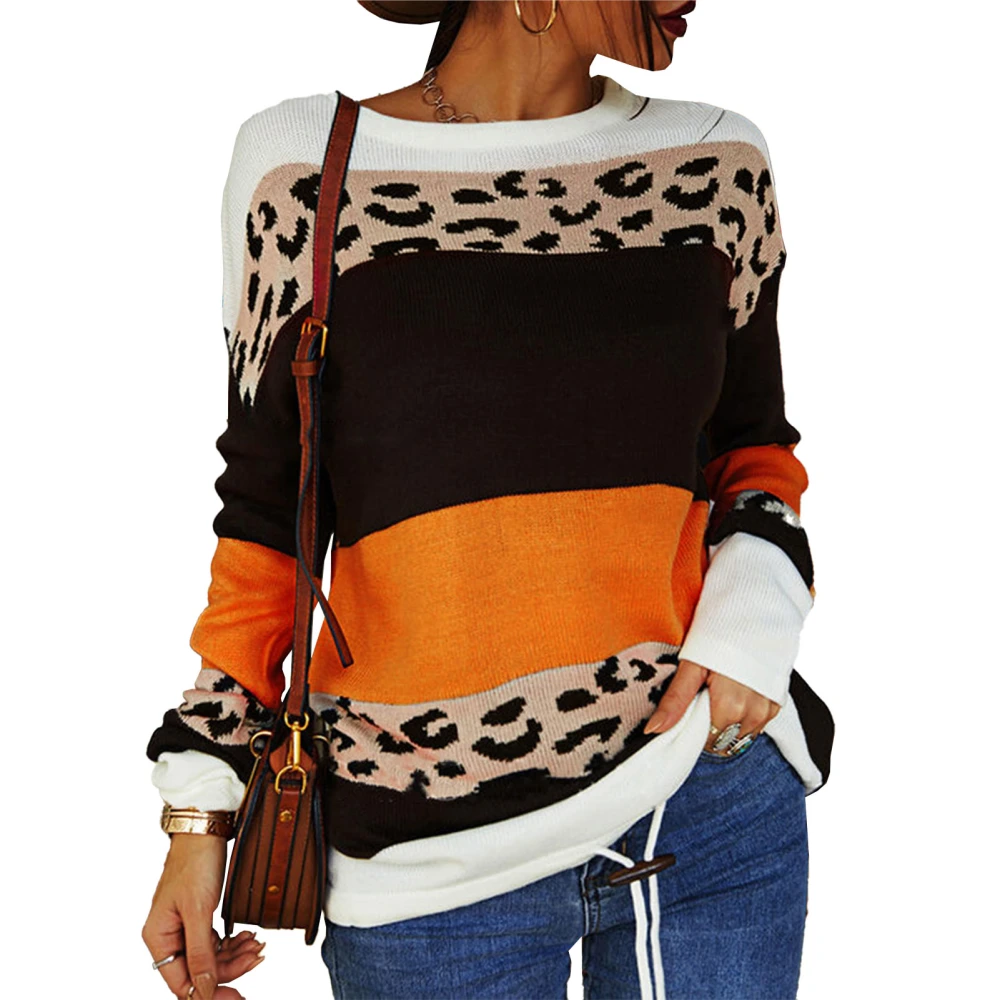 Women Round Neck T Shirt Color Contrast Printing Long Sleeves Loose Fitting Casual Knitted Top Orange Leopard Print XL