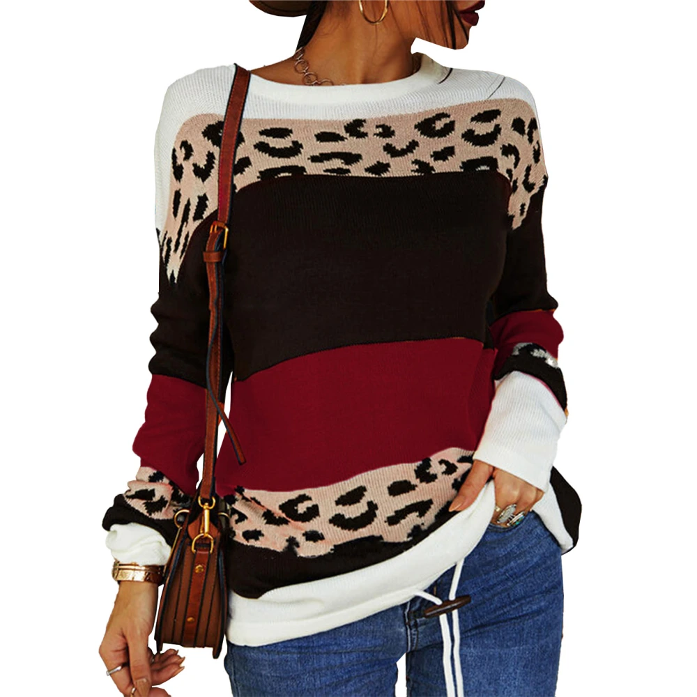 Women Round Neck T Shirt Color Contrast Printing Long Sleeves Loose Fitting Casual Knitted Top Wine Red Leopard Print XL