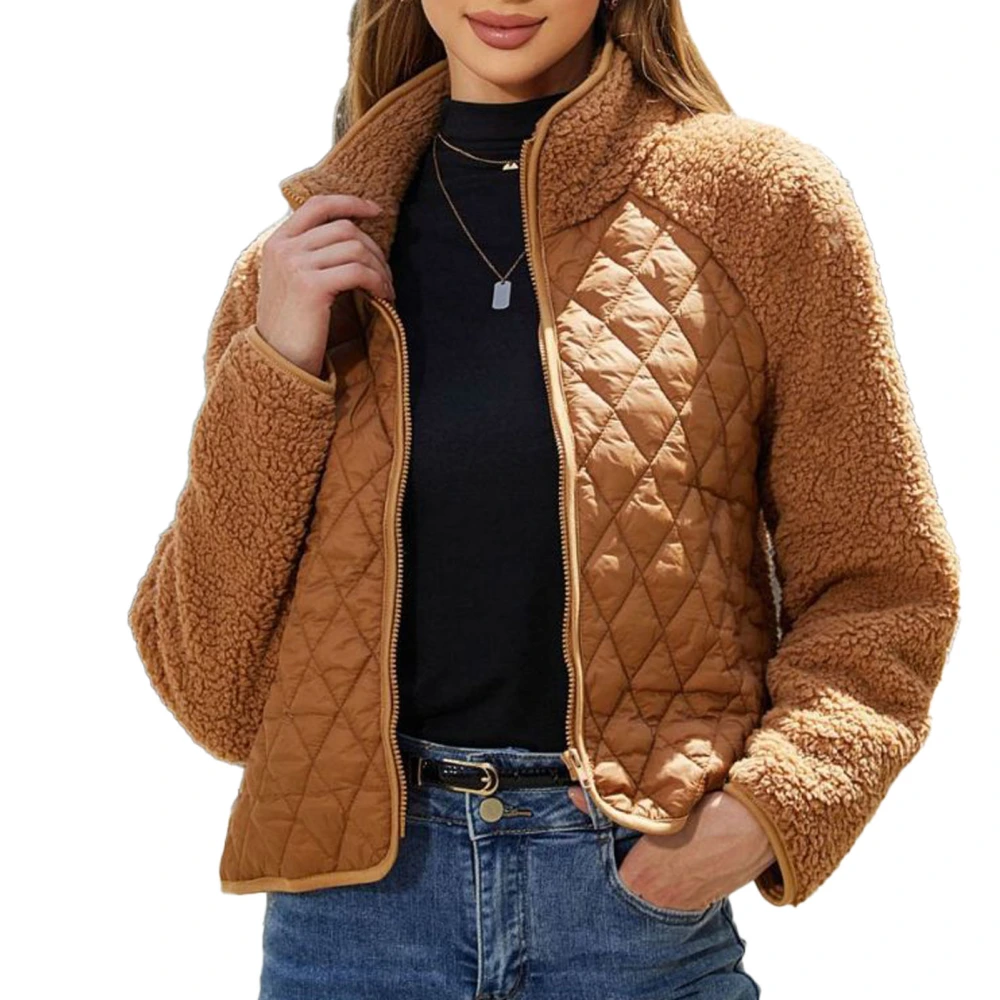 Women Long Sleeve Full Zip Jacket Pure Color Plush Patchwork Short Coat for Home Daily Life Light Tan XXL