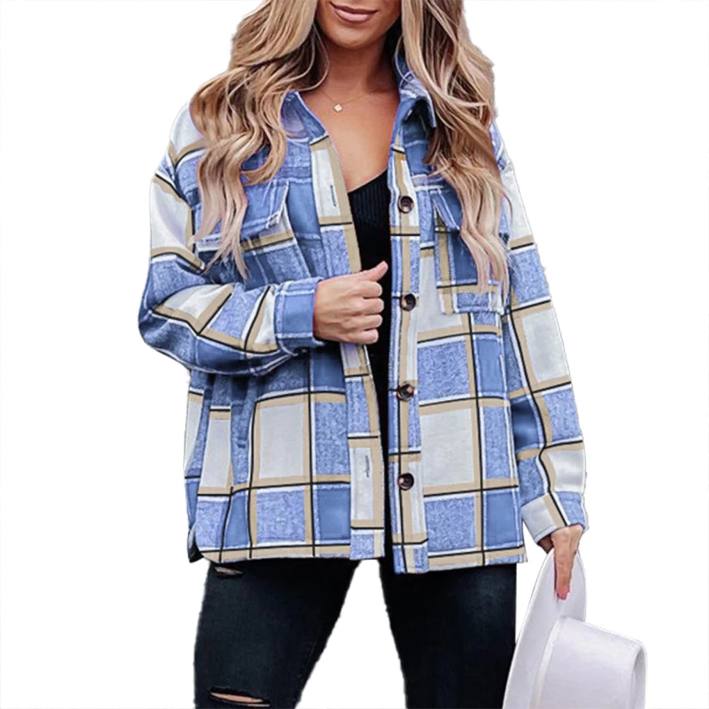 Women Plaid Shirt Button Down Turn Down Collar Long Sleeve Stylish Comfortable Women Shirts Outwear for Autumn Winter Sky Blue XL