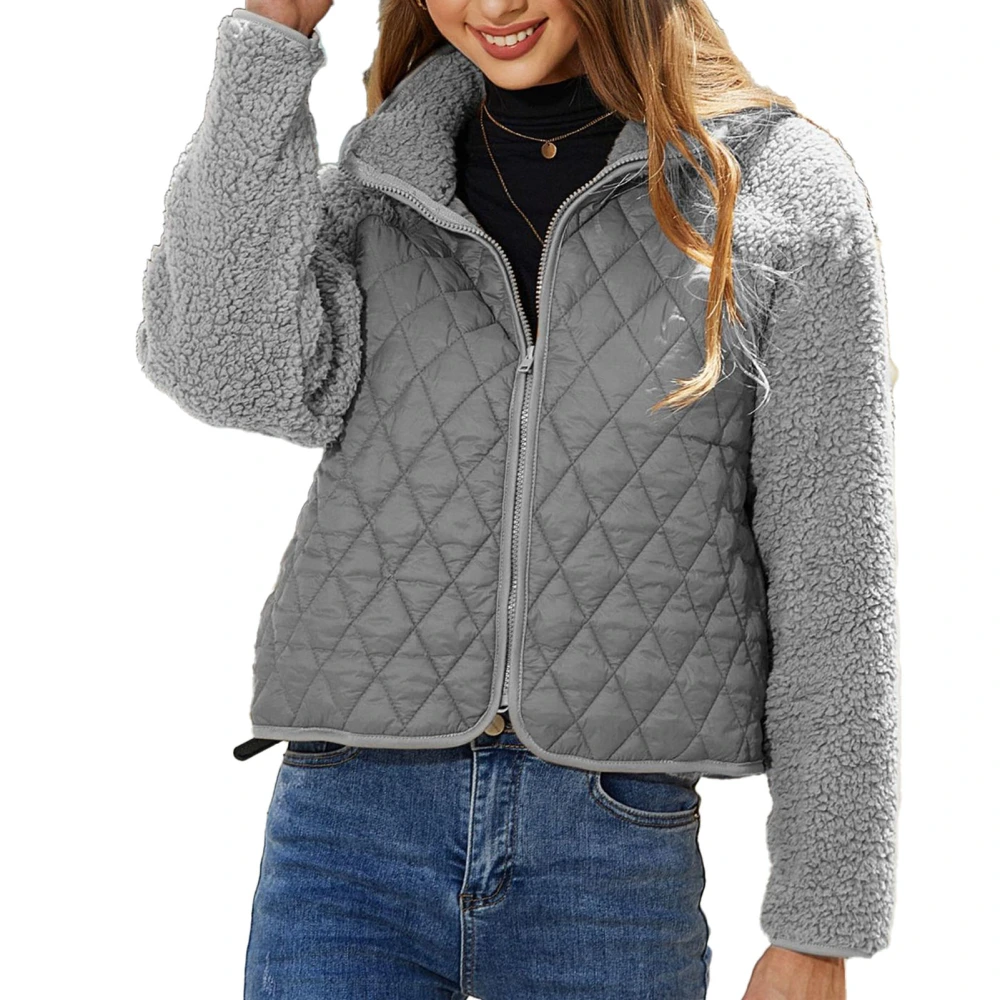 Women Long Sleeve Full Zip Jacket Pure Color Plush Patchwork Short Coat for Home Daily Life Silver Gray S