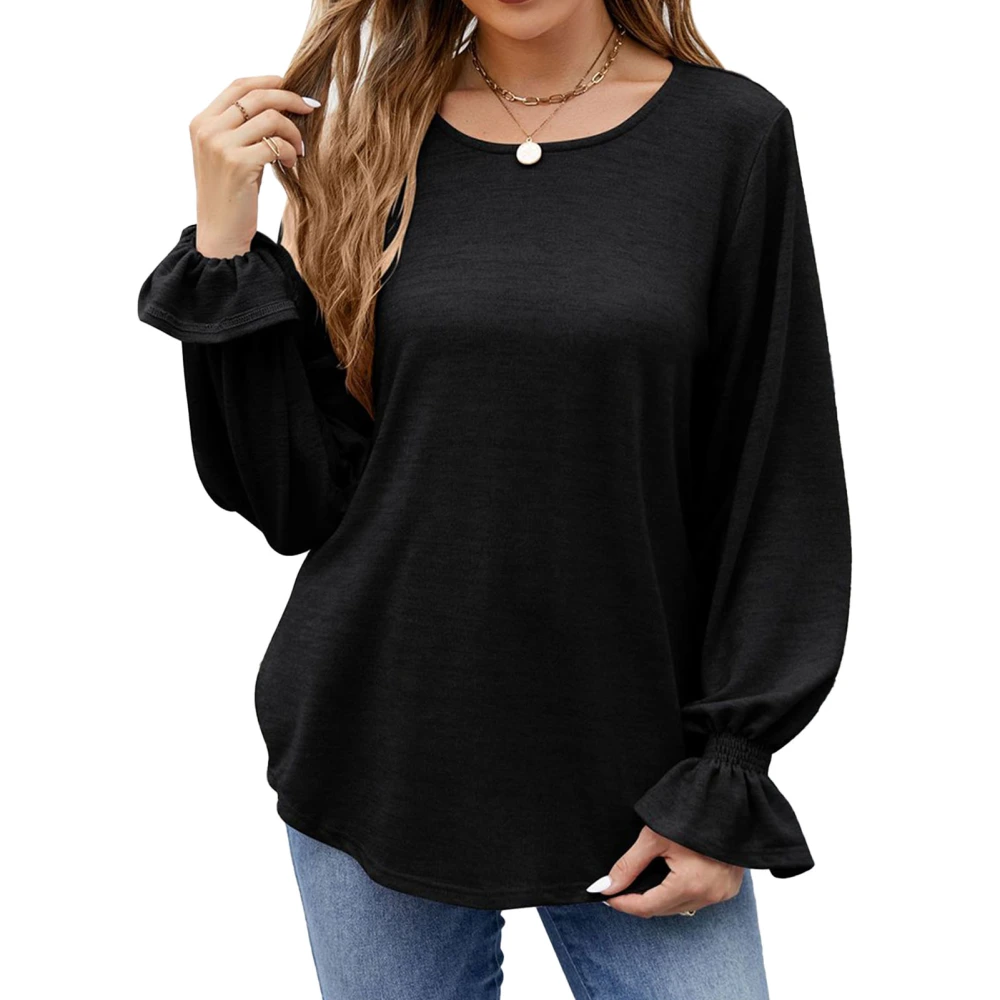 Women Long Sleeve Top Crewneck Shirred Cuff Pure Color Soft Skin Friendly Women Tunic Top for Party Office Outing Black M