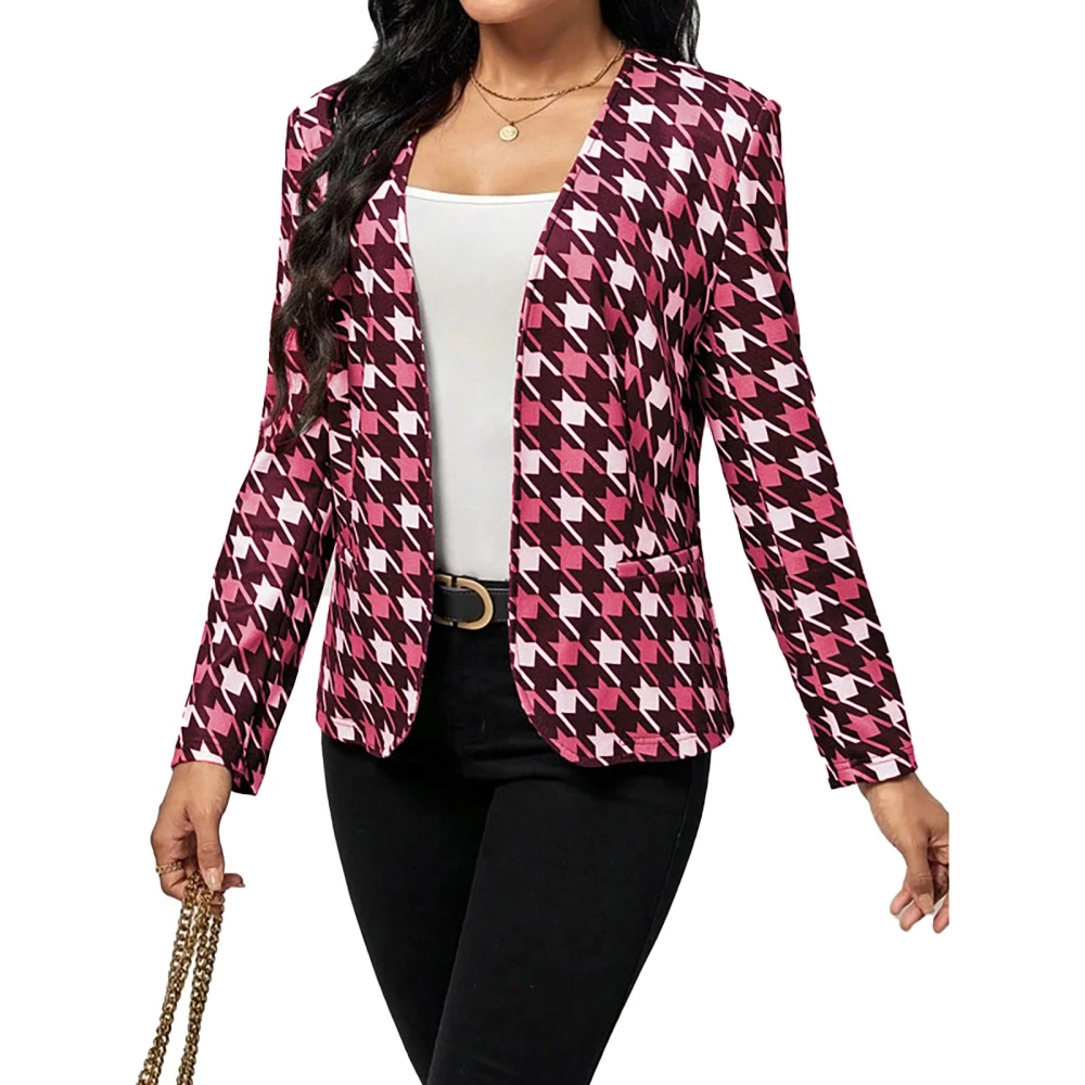 Women Long Sleeve Print Suit Jacket Fashionable Casual Open Front Office Jacket with Pockets for Dating Pink XL