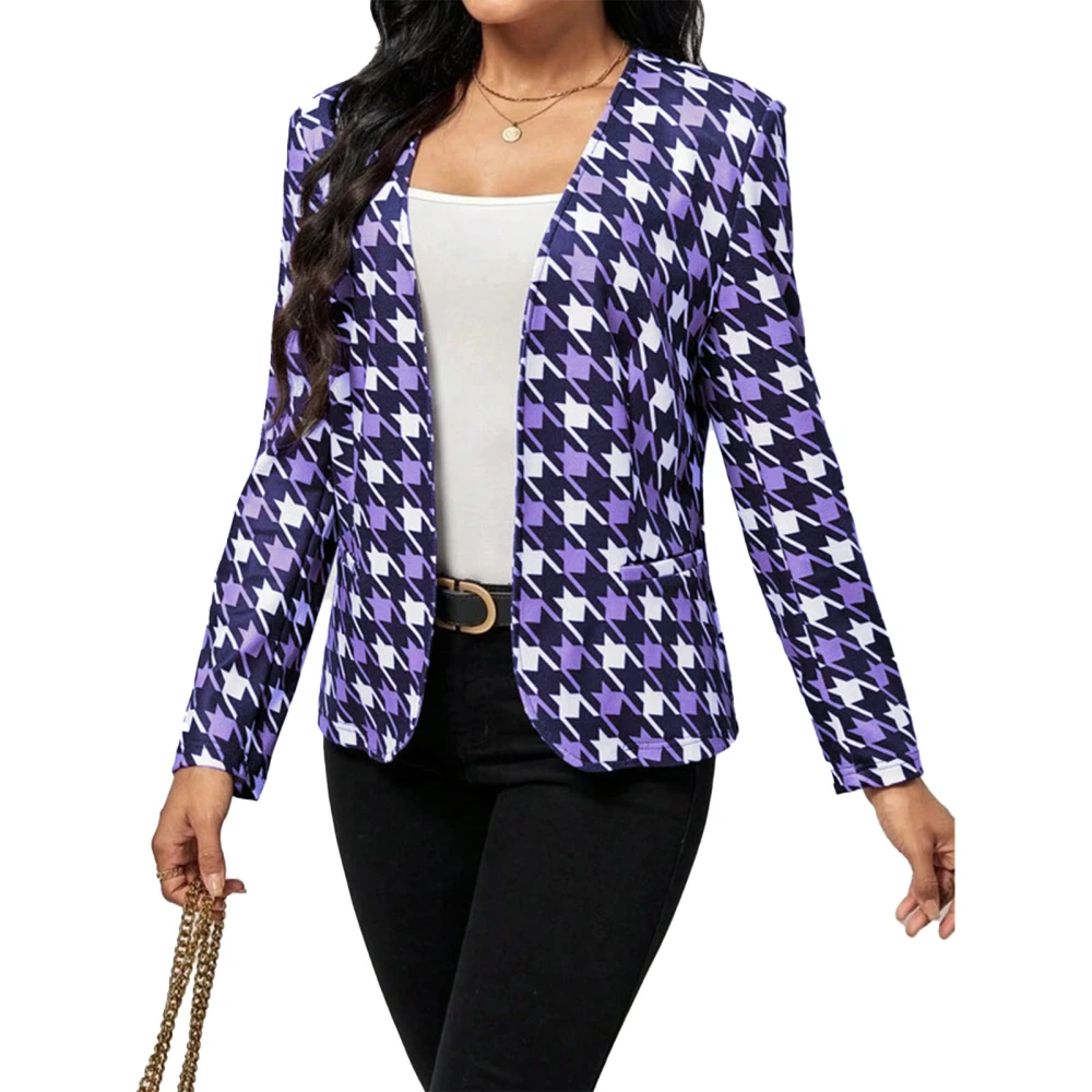 Women Long Sleeve Print Suit Jacket Fashionable Casual Open Front Office Jacket with Pockets for Dating Blue L