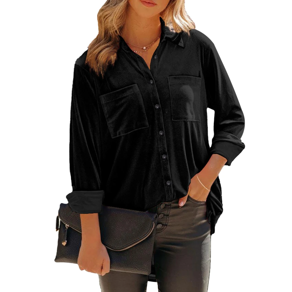 Women Button Down Shirt Long Sleeve Pure Color Casual Fall Blouses Top for Work Party Dating Black L