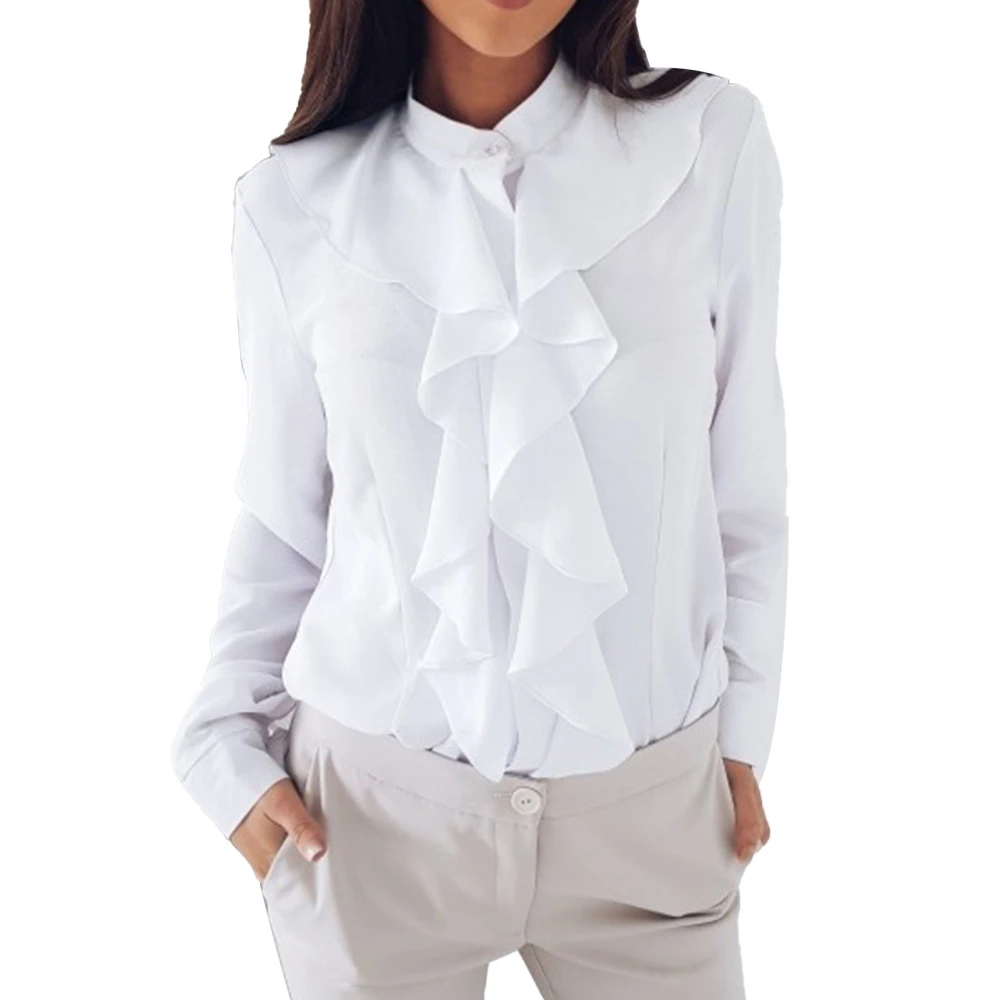 Women Long Sleeve Blouse Ruffled Exquisite Button Pure Color Fashionable Casual Top for Party Shopping White S