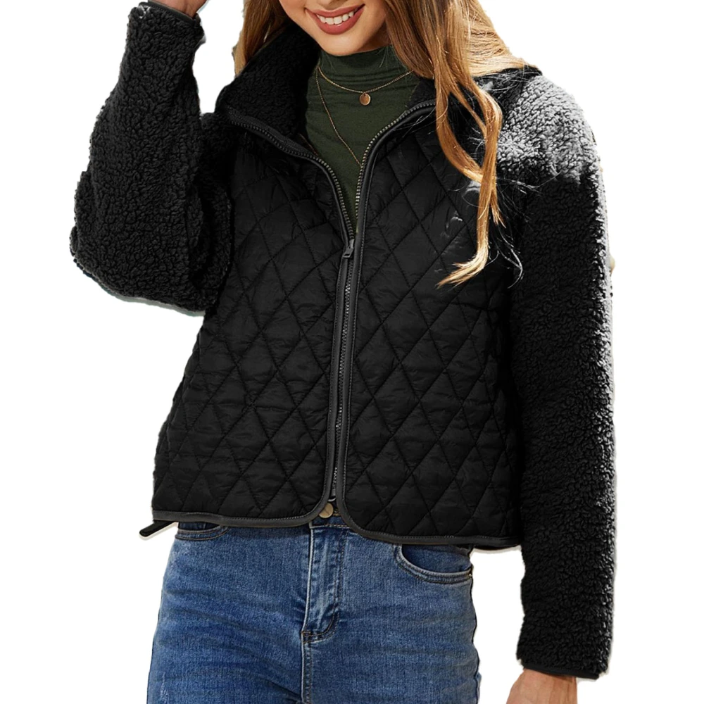 Women Long Sleeve Full Zip Jacket Pure Color Plush Patchwork Short Coat for Home Daily Life Black M