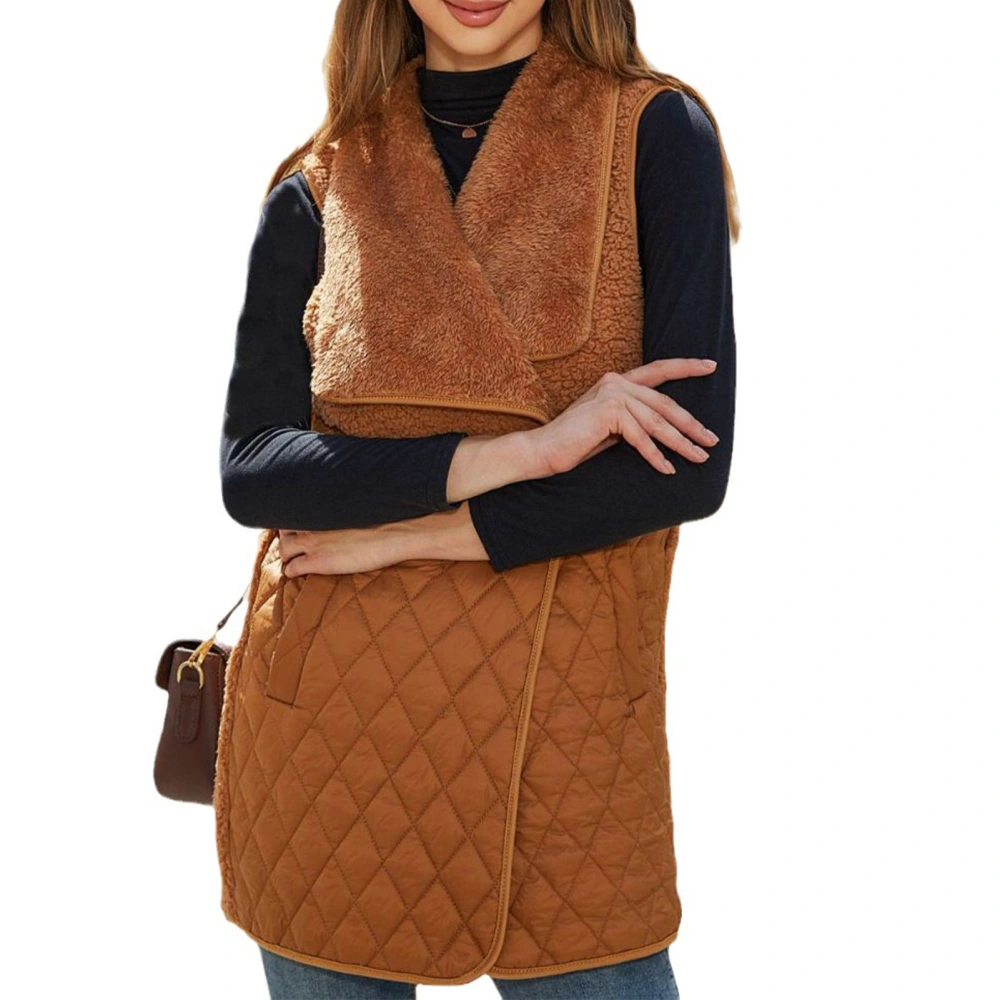 Women Turn Down Collar Fleece Stitching Medium Vest Loose Open Front Pure Color Vest Sleeveless Midi Casual Pockets Coat Light Tan S