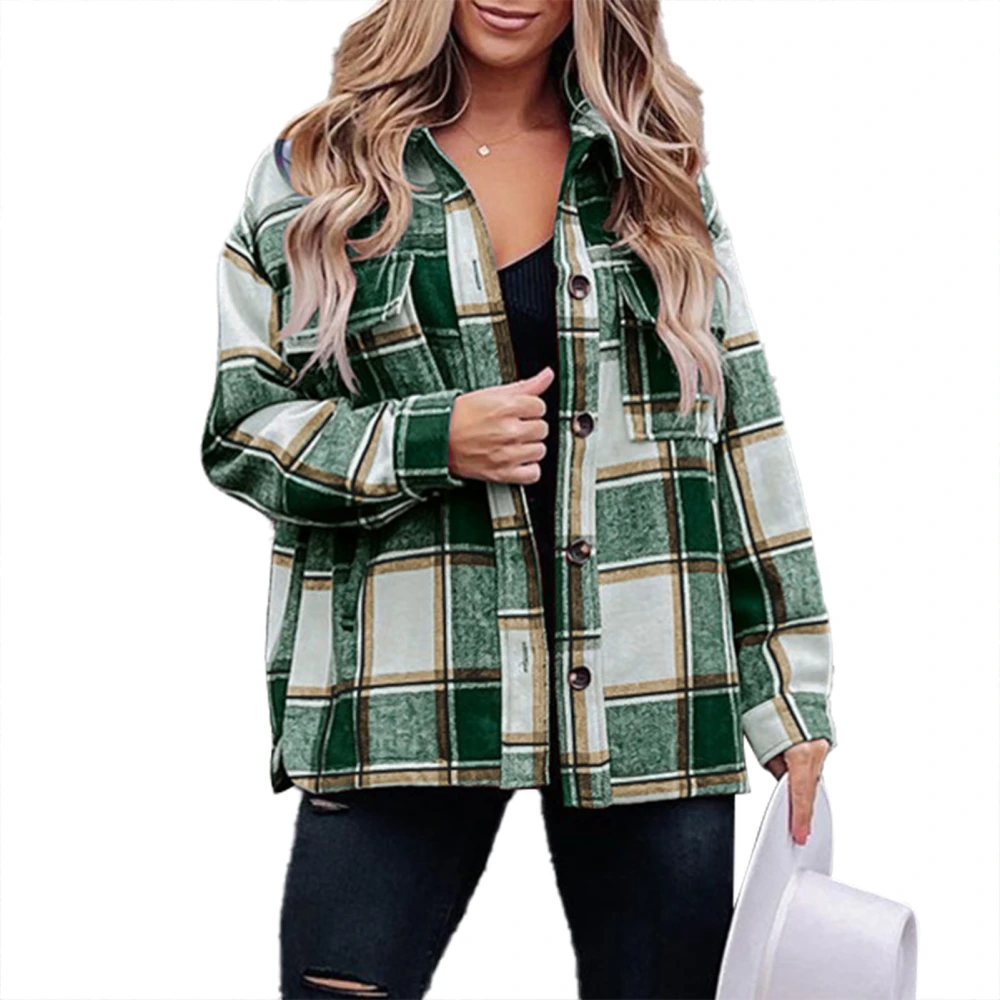 Women Plaid Shirt Button Down Turn Down Collar Long Sleeve Stylish Comfortable Women Shirts Outwear for Autumn Winter Green L