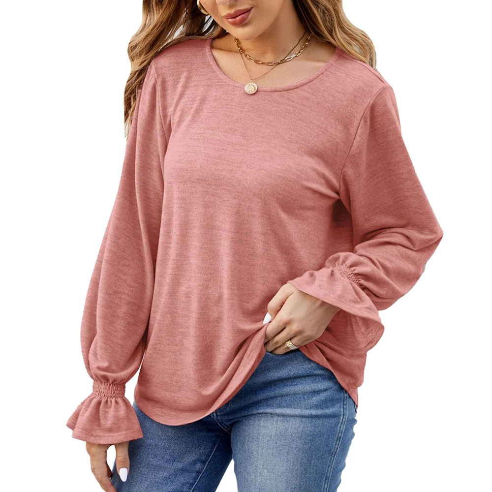 Women Long Sleeve Top Crewneck Shirred Cuff Pure Color Soft Skin Friendly Women Tunic Top for Party Office Outing Brownish Red XXL