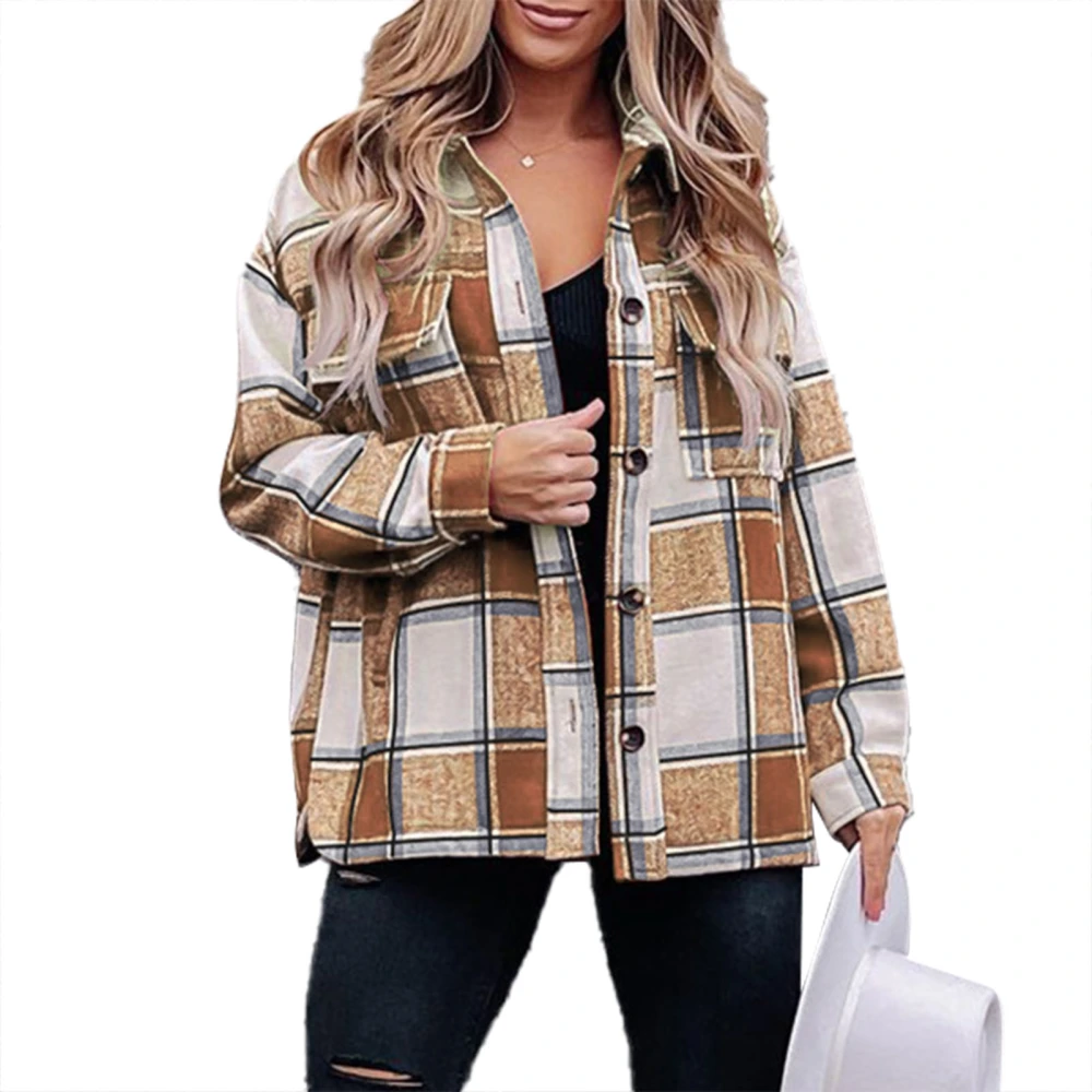 Women Plaid Shirt Button Down Turn Down Collar Long Sleeve Stylish Comfortable Women Shirts Outwear for Autumn Winter Khaki M