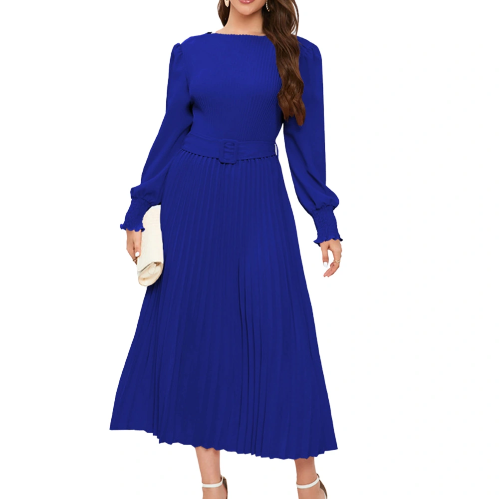 Women Long Sleeve Crewneck Midi Dress Fashionable Plain Color Shirred Cuff Elastic Waist Pleated Dress Blue XL