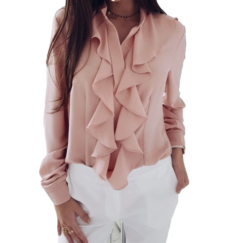 Women Long Sleeve Blouse Ruffled Exquisite Button Pure Color Fashionable Casual Top for Party Shopping Pink L