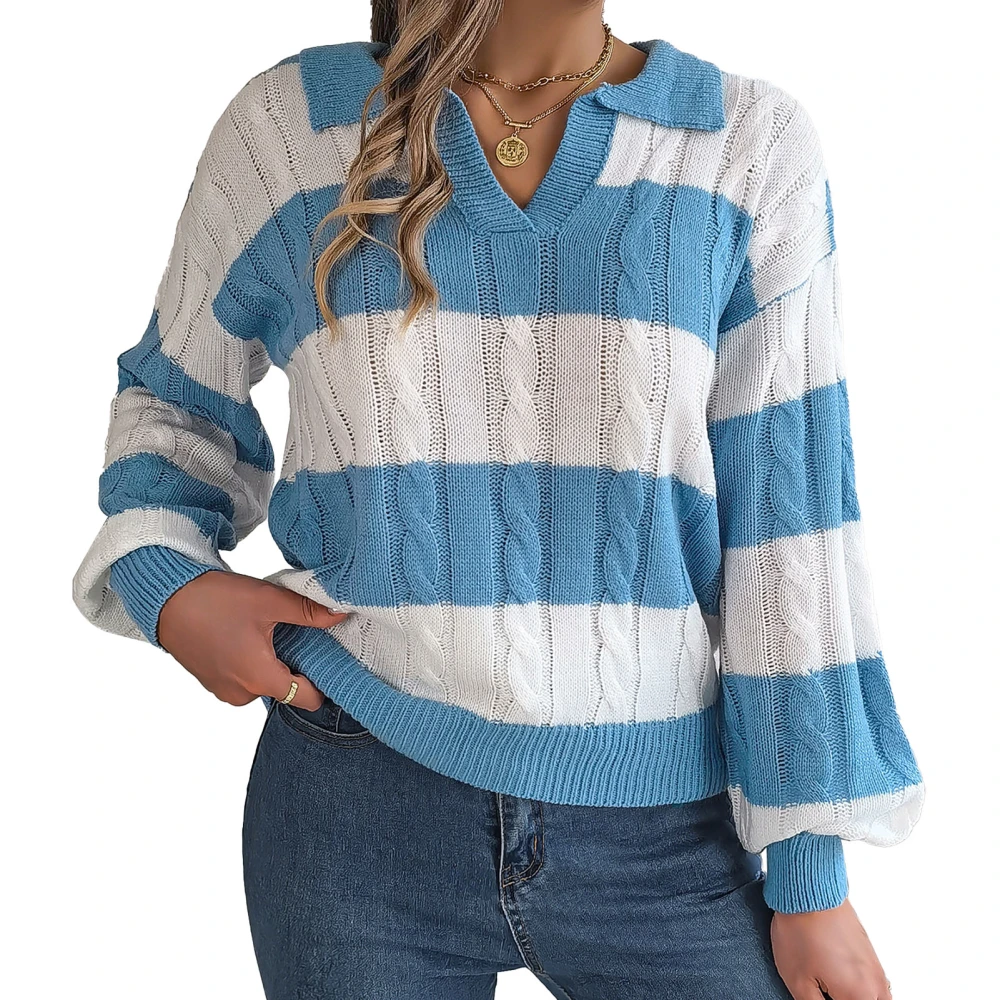 Women Sweater V Neck Turn Down Collar Stripe Pattern Loose Casual Drop Sleeve Knit Blouse Top for Leisure Shopping Sky Blue L