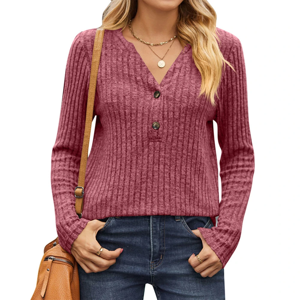 Long Sleeve V Neck Shirt Women Fashionable Elegant Plain Color Button Rib Knit Top Blouse for Dating Burgundy L