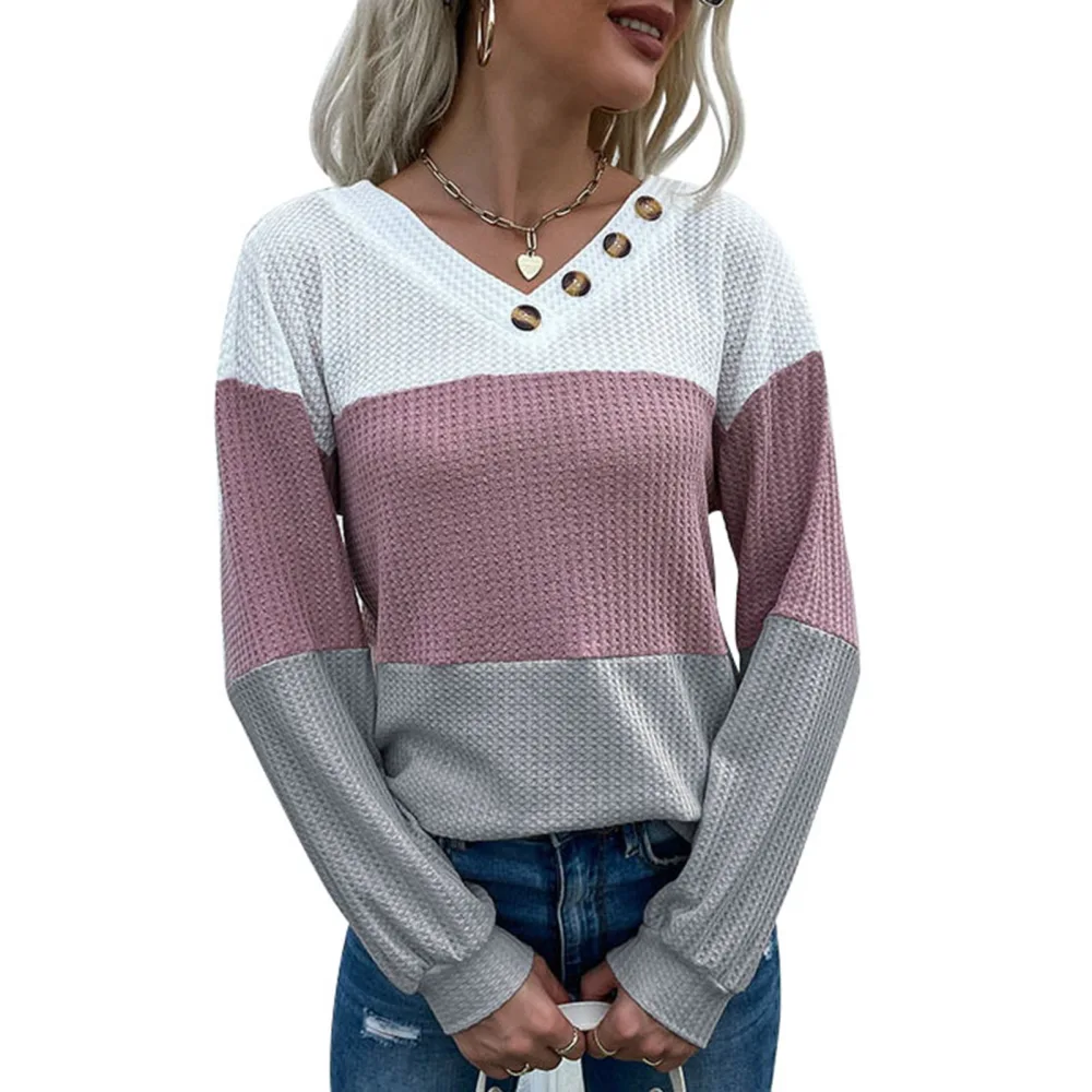 Color Block Blouse Long Sleeve Button Decoration Women V Neckline Color Block Tee Shirt Grey XL