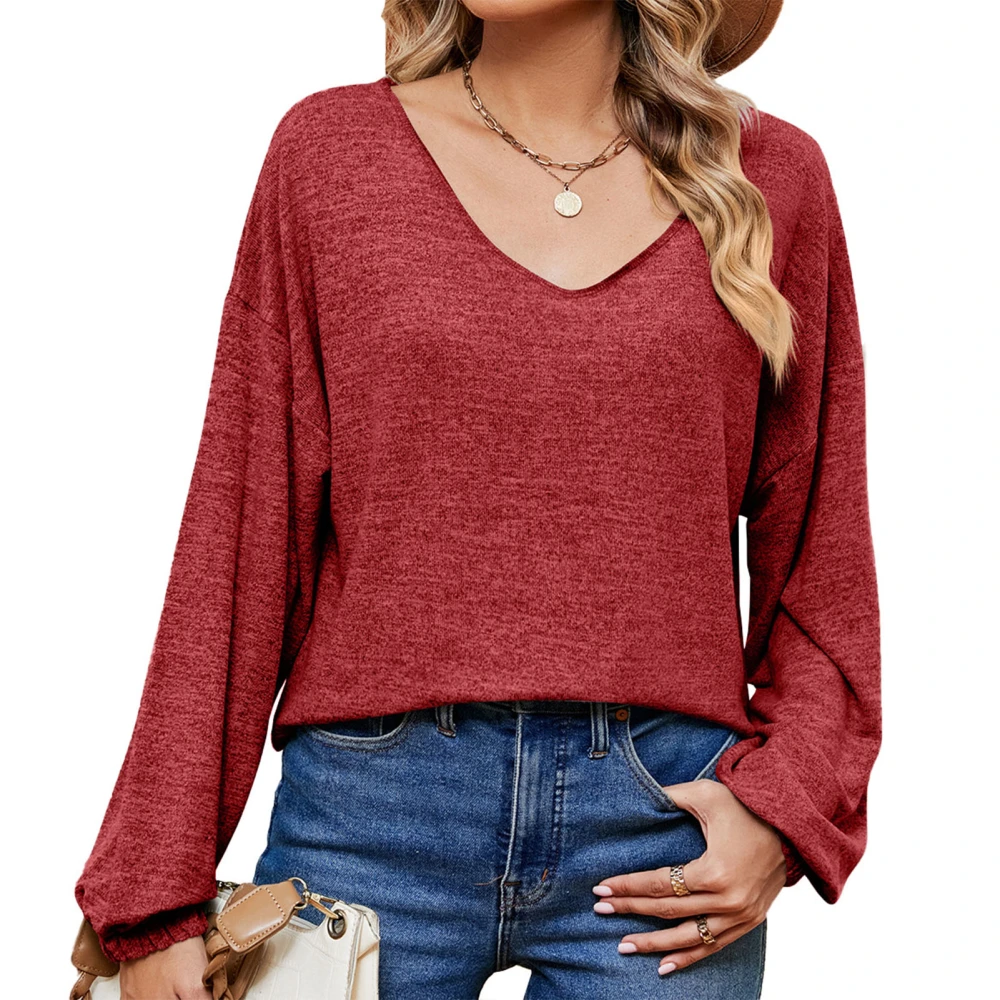 Women V Neck Basic T Shirt Loose Fit Plain Color Casual Dressy Cozy Long Sleeve Lantern Sleeve Top Red M