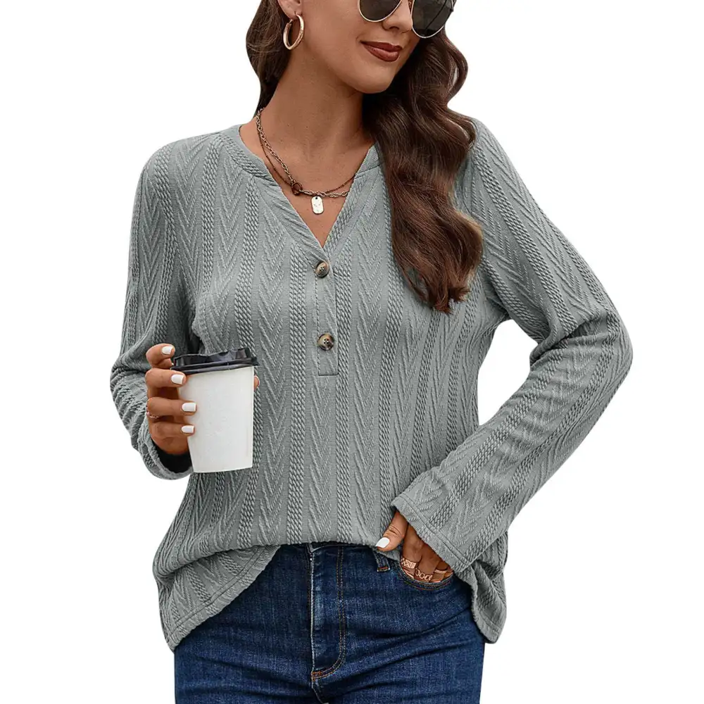 Women Casual Top Long Sleeves Knitted Texture Top V Neck Button Decor Outerwear for Autumn and Winter Light Gray M