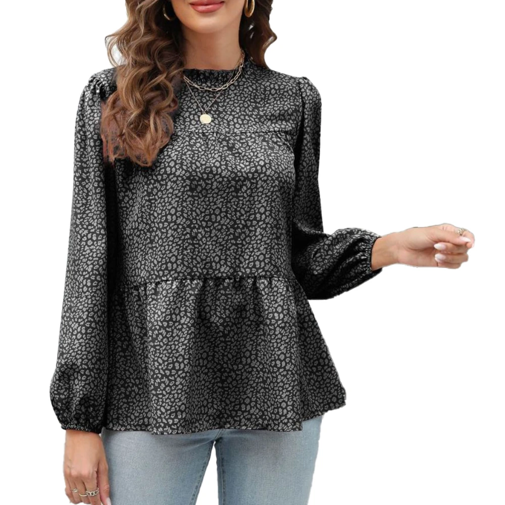 Women Long Sleeve Top Round Neck Casual Fashionable Lantern Sleeve Blouse for Home Daily Office Black L