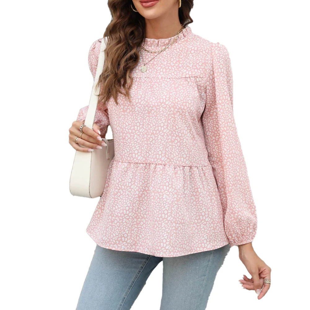 Women Long Sleeve Top Round Neck Casual Fashionable Lantern Sleeve Blouse for Home Daily Office Pink XXL