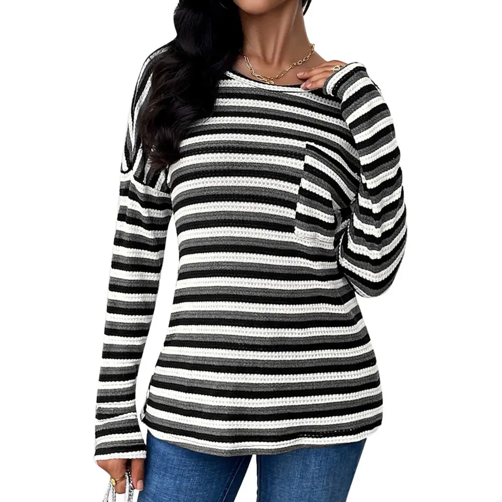 Women Striped Top Loose V Back Crewneck Long Sleeve Striped T Shirt For Autumn Winter Black L