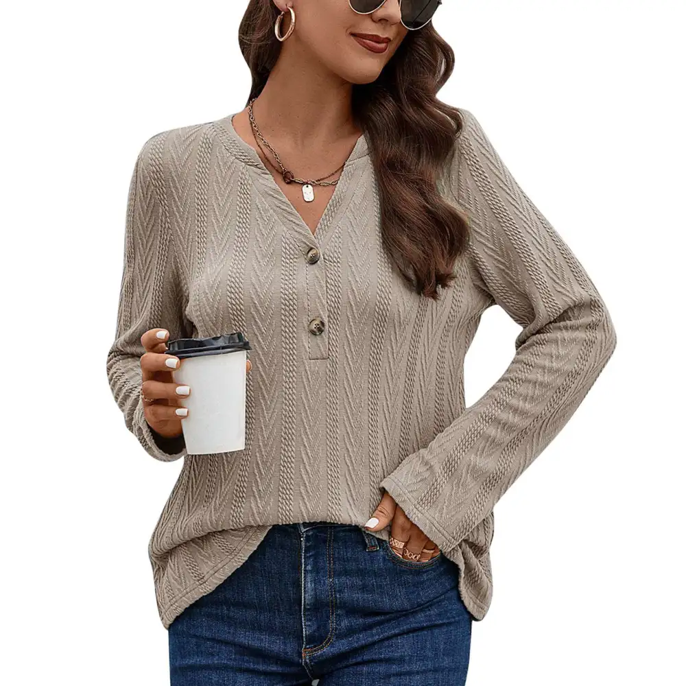 Women Casual Top Long Sleeves Knitted Texture Top V Neck Button Decor Outerwear for Autumn and Winter Khaki XL