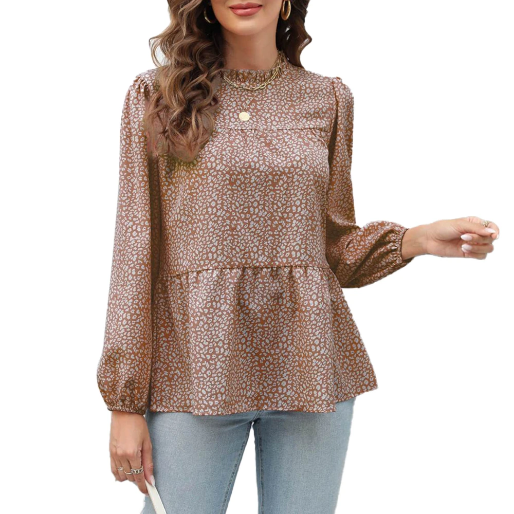 Women Long Sleeves T Shirt Frill Trim Round Neck Ruffle Hem Casual Leopard Print Blouses for Daily Wear Coffee M