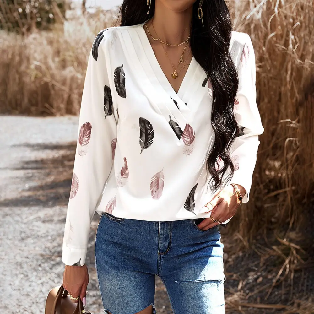 Long Sleeve Blouse V Neck Feather Print Loose Fit Elegant Casual Women Top for Autumn Winter White S