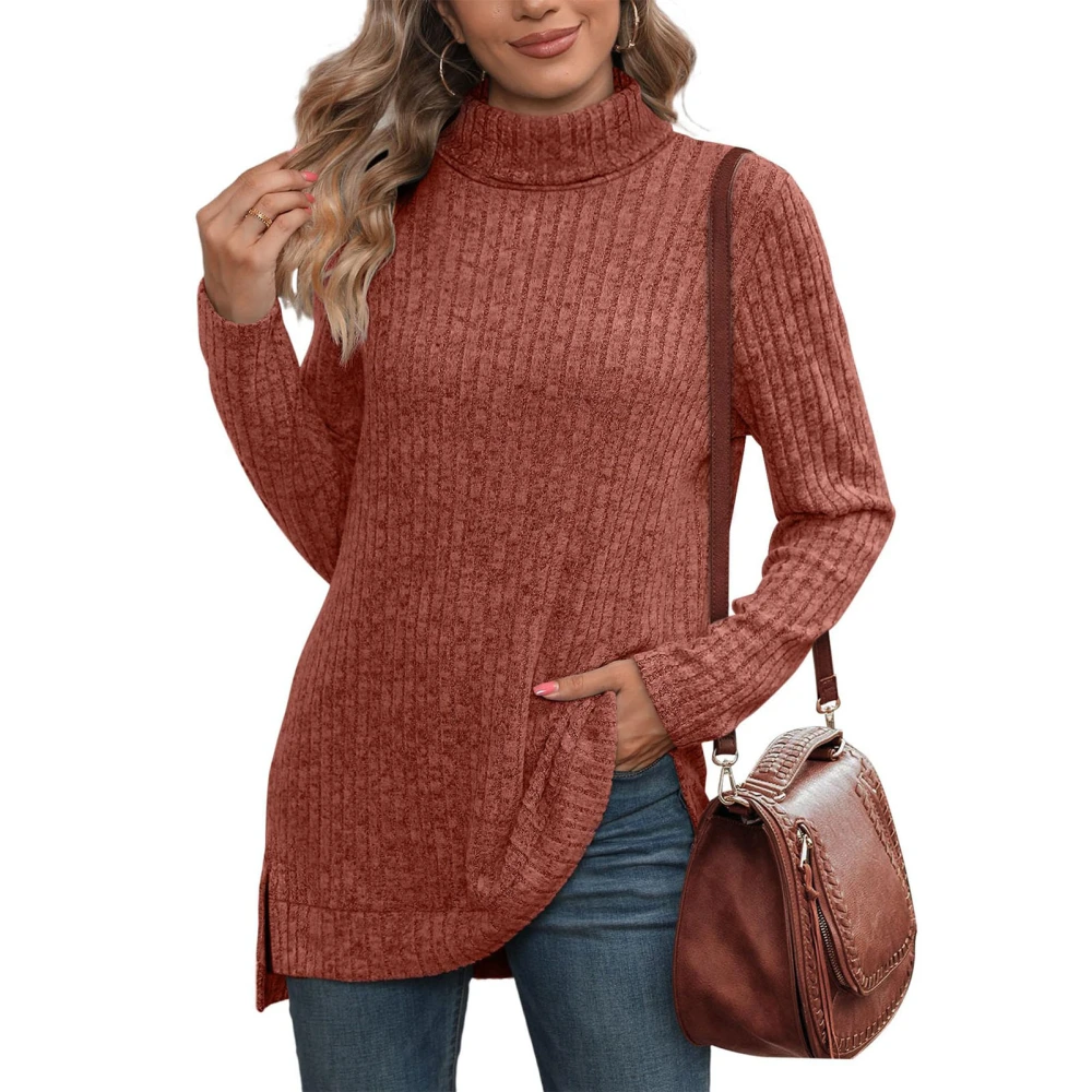 Long Sleeve Tops High Neck Side Slit Pure Color Fashionable Breathable Blouse for Shopping Party Brownish Red XL