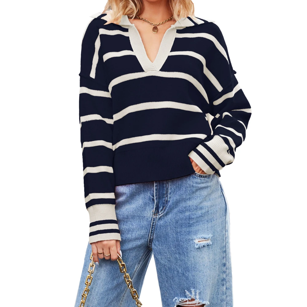 Women Pullover Sweater Top Long Sleeve V Neck Turndown Collar Striped Loose Fit Knitted Sweater for Fall and Winter Dark Navy Blue M