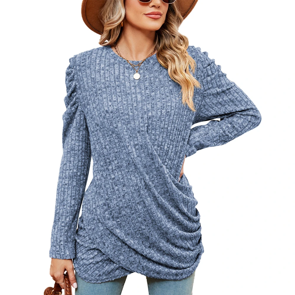 Women Long Sleeved Top Round Neck Pure Color Pleated Pit Stripes Long Sleeved Shirt for Parties Shopping Enamel Blue XXL