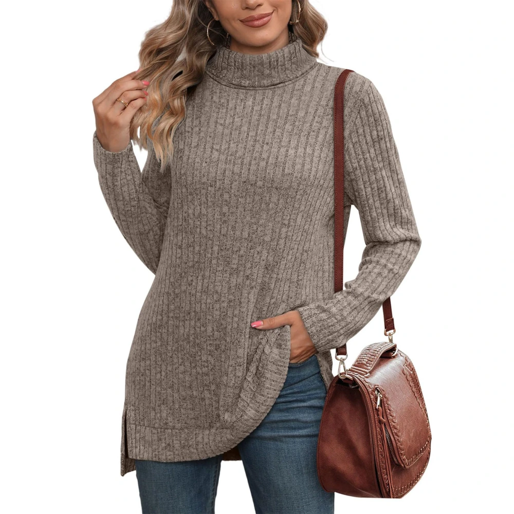 Long Sleeve Tops High Neck Side Slit Pure Color Fashionable Breathable Blouse for Shopping Party Coffee XL