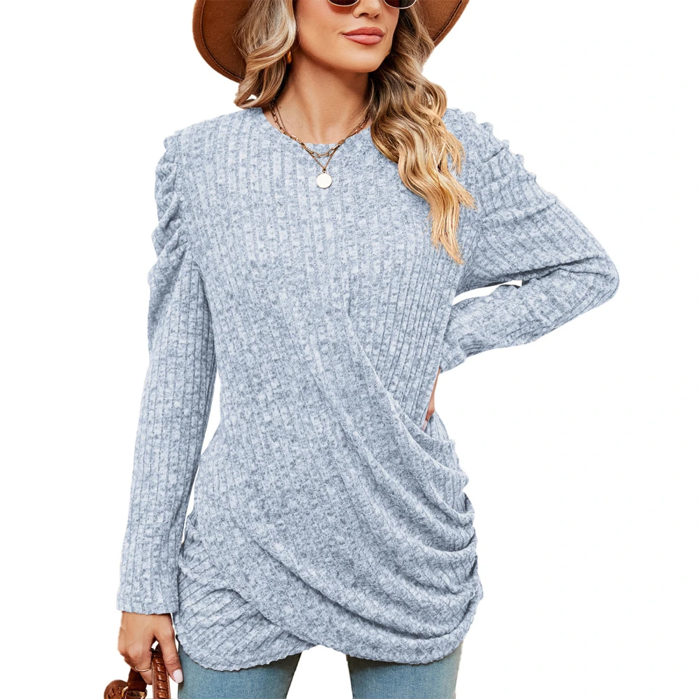 Women Long Sleeved Top Round Neck Pure Color Pleated Pit Stripes Long Sleeved Shirt for Parties Shopping Light Blue M