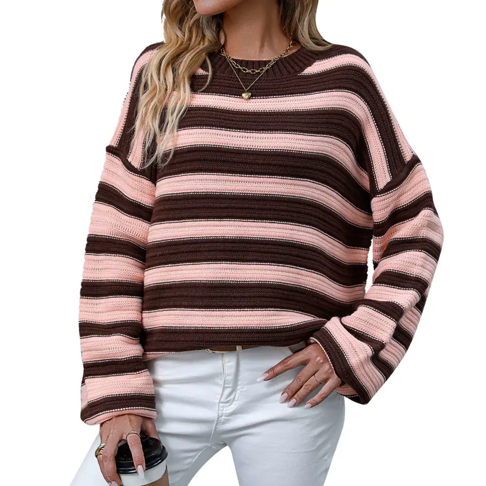 Women Round Neck Long Sleeve Sweater Pullover Striped Loose Sweater for Outdoor Dating Formal Coffee XL