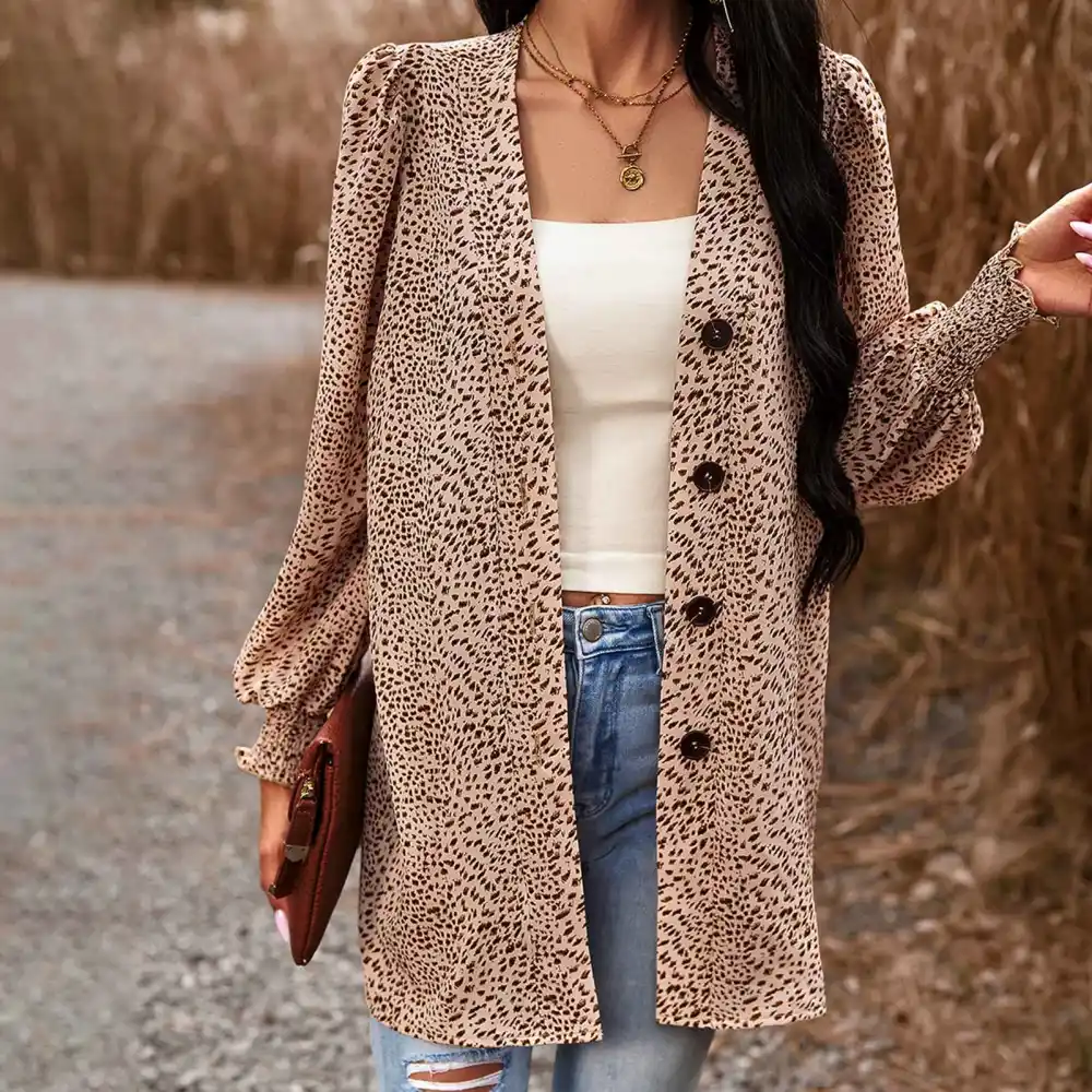 Women Leopard Print Shirt V Neck Long Puff Sleeves Shirred Cuff Loose Fitting Casual Blouses for Daily Wear Apricot S