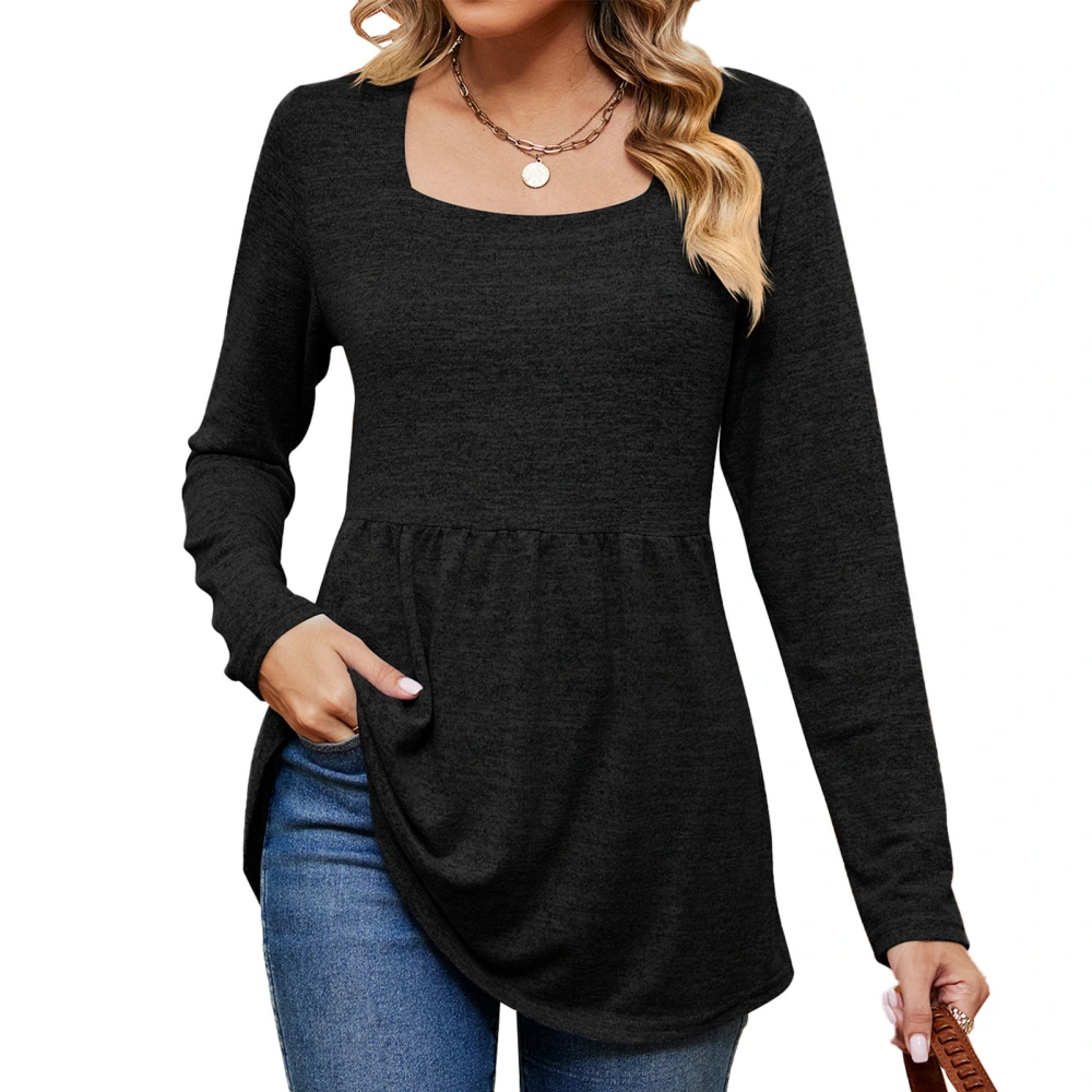 Women Long Sleeve Tops Unique Neck Pure Color Slim Style Casual Loose Hem Blouse for Party Shopping Black XL