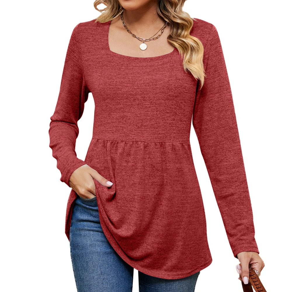 Women Long Sleeve Tops Unique Neck Pure Color Slim Style Casual Loose Hem Blouse for Party Shopping Red XXL