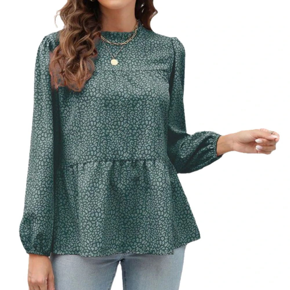 Women Long Sleeve Top Round Neck Casual Fashionable Lantern Sleeve Blouse for Home Daily Office Dark Green L