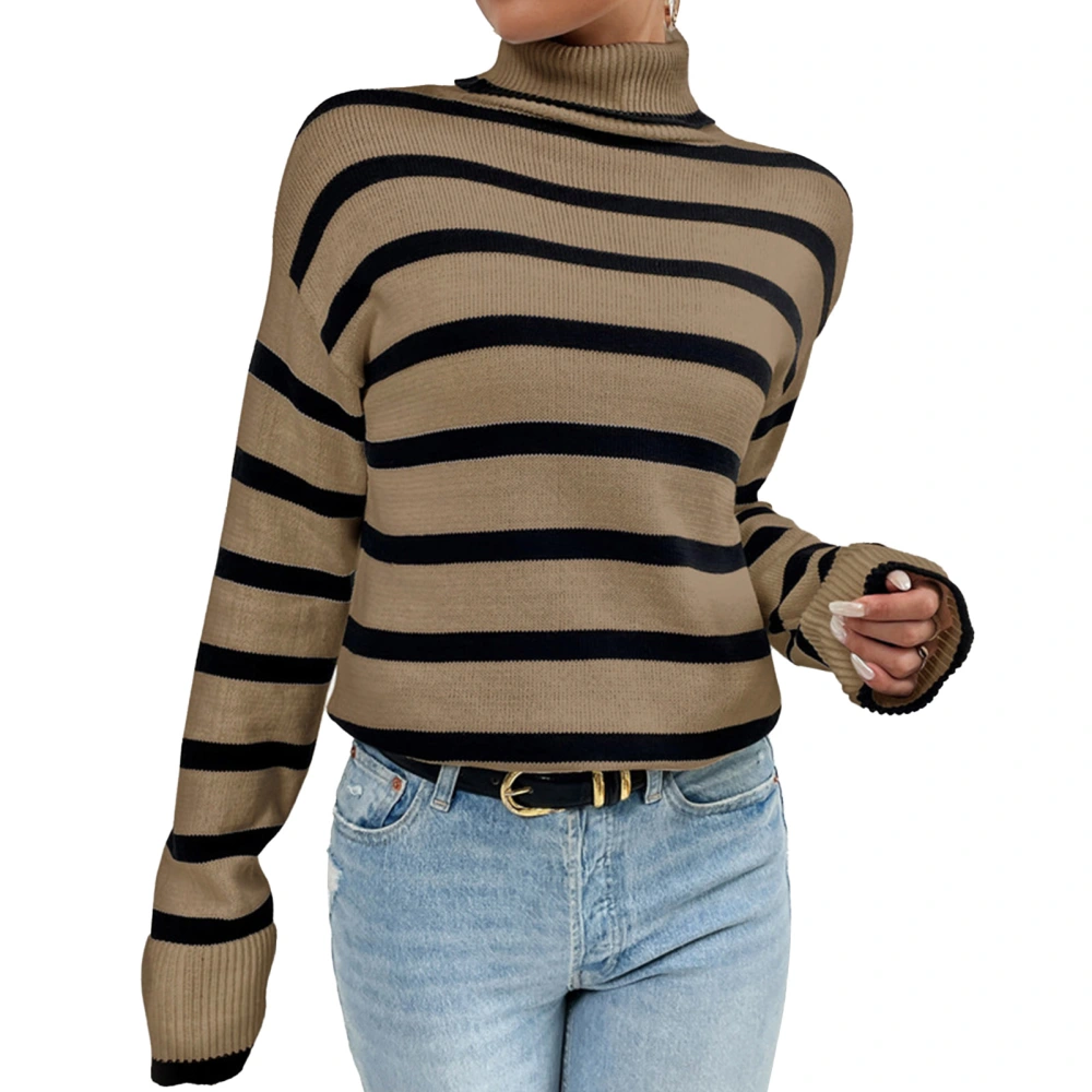 Women Long Sleeve Striped Knit Top Fashionable Casual High Neck Stripe Knit Sweater for Autumn Winter Brown XXL