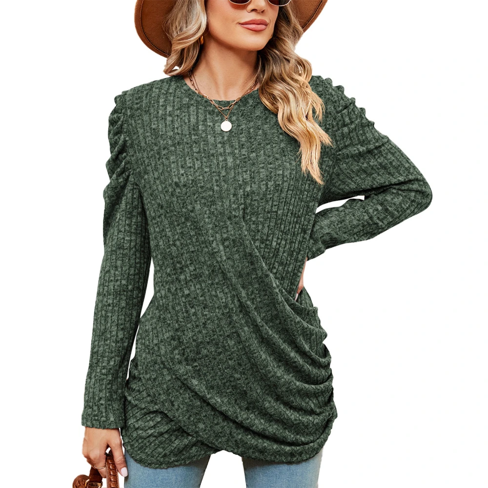 Women Long Sleeved Top Round Neck Pure Color Pleated Pit Stripes Long Sleeved Shirt for Parties Shopping OD Green XL