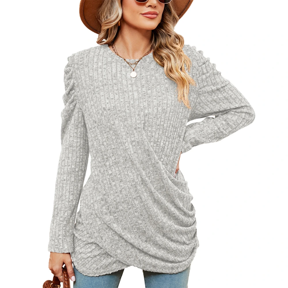 Women Long Sleeved Top Round Neck Pure Color Pleated Pit Stripes Long Sleeved Shirt for Parties Shopping Light Gray L