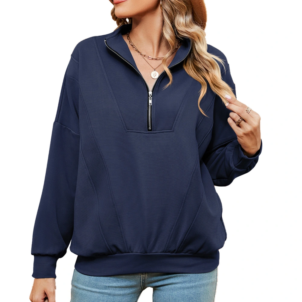 Women Pullover Jacket Plain Color Long Sleeve V Neckline Female Loose Fitted Pullover Jacket Navy Blue L