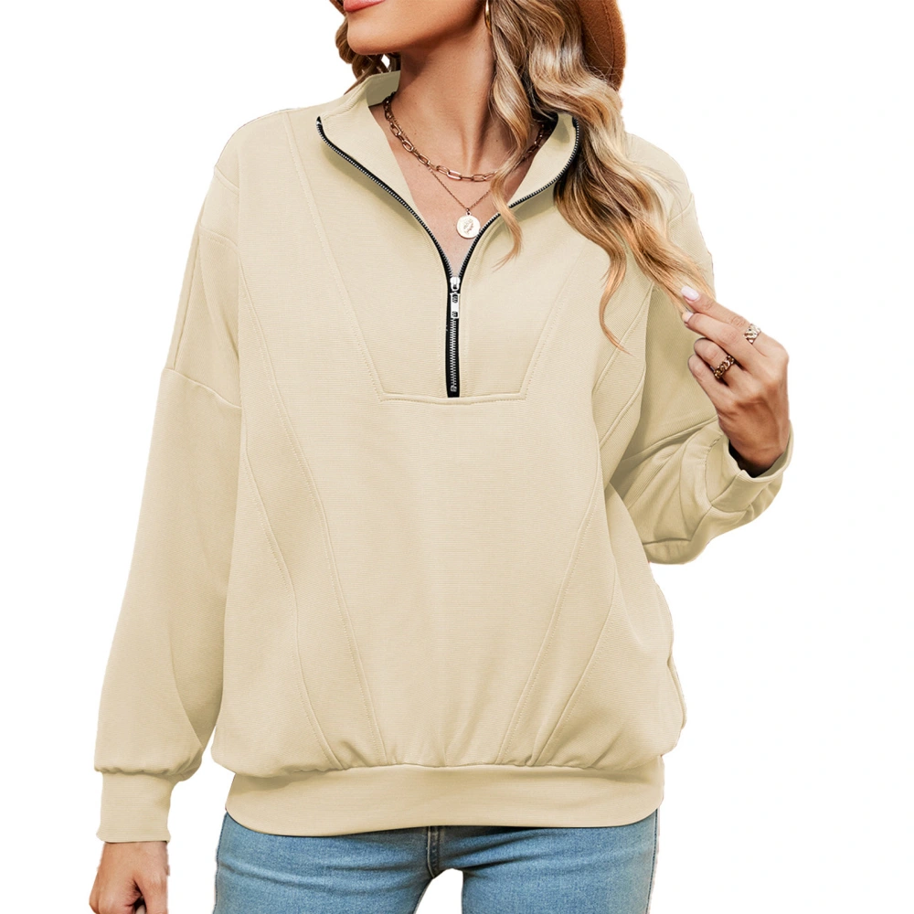 Women Pullover Jacket Plain Color Long Sleeve V Neckline Female Loose Fitted Pullover Jacket Apricot L