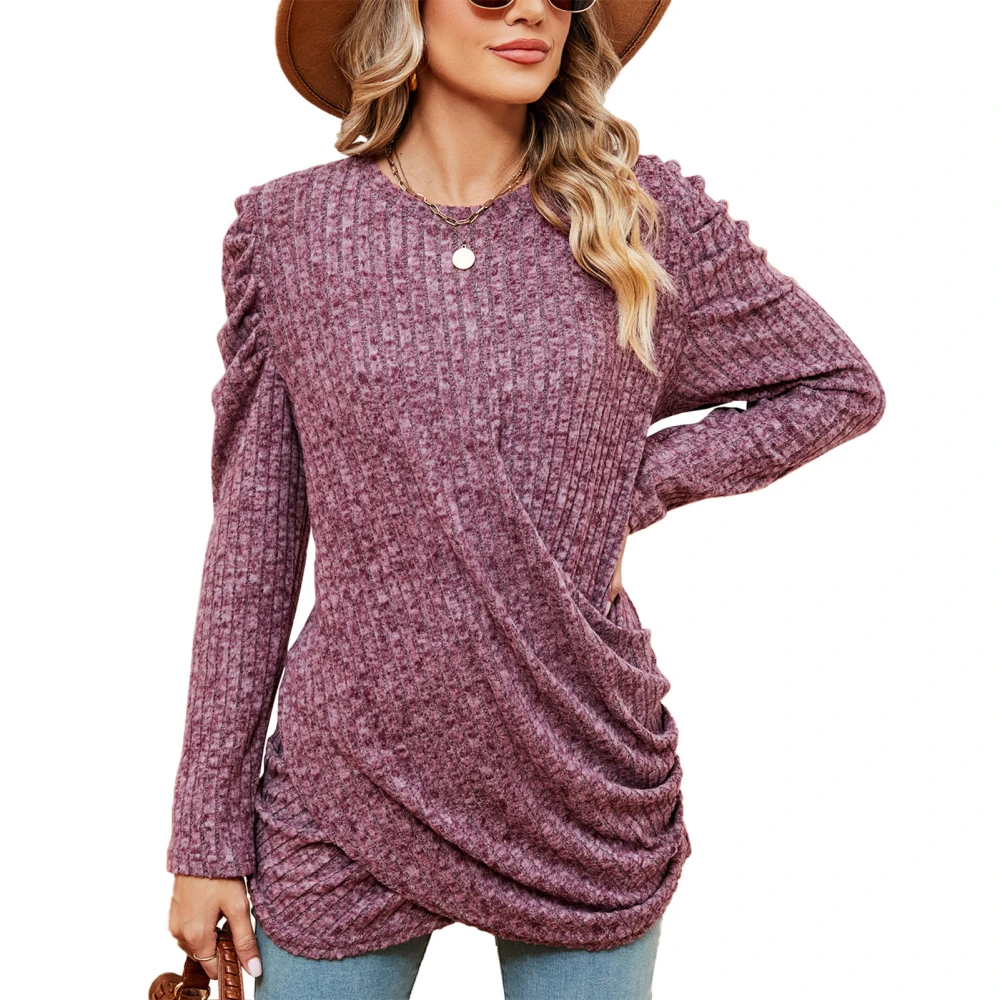 Women Long Sleeved Top Round Neck Pure Color Pleated Pit Stripes Long Sleeved Shirt for Parties Shopping Aubergine M